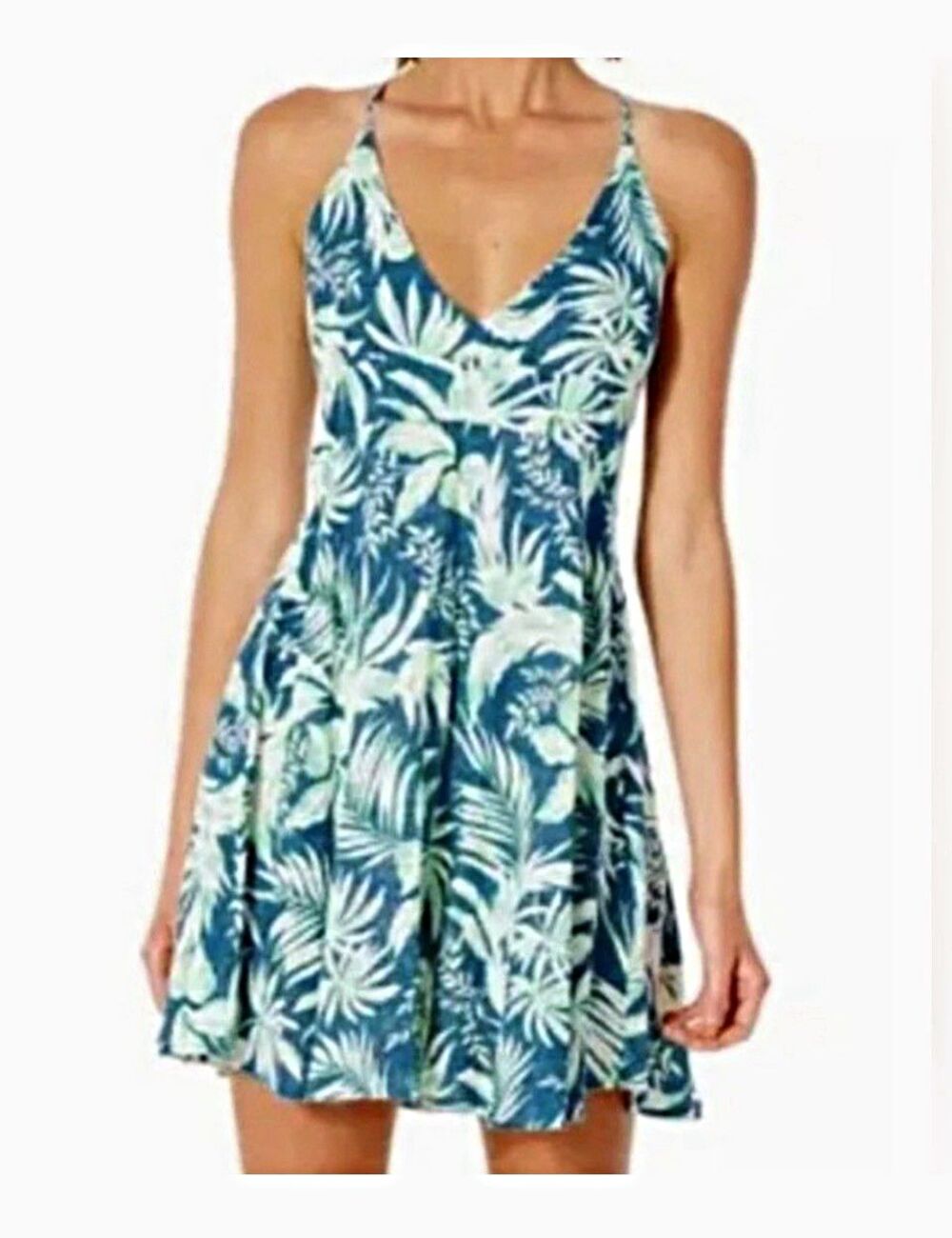 Rip Curl Green & Blue Floral V-Neck Spaghetti Strap Mini Dress Size L